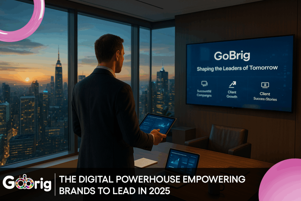 "GoBrig team presenting brand growth strategy to clients in a modern boardroom – showcasing leadership in digital marketing for 2025"