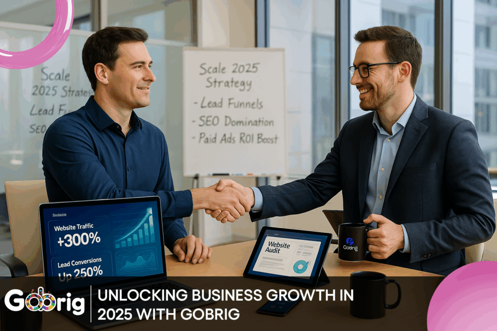 "GoBrig digital consultants discussing business growth strategy with clients in a sleek office, using analytics tools and marketing dashboards – 2025 setting"