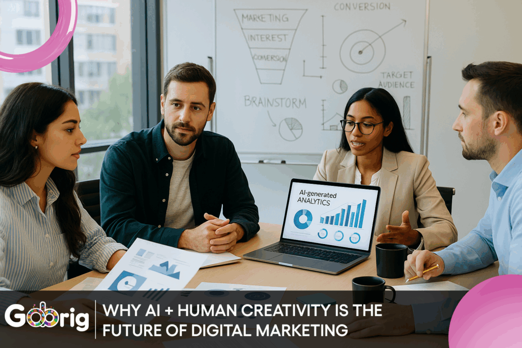 "Creative strategist and AI analyst working together at GoBrig to design a marketing campaign – showcasing the balance of human creativity and artificial intelligence in 2025"
