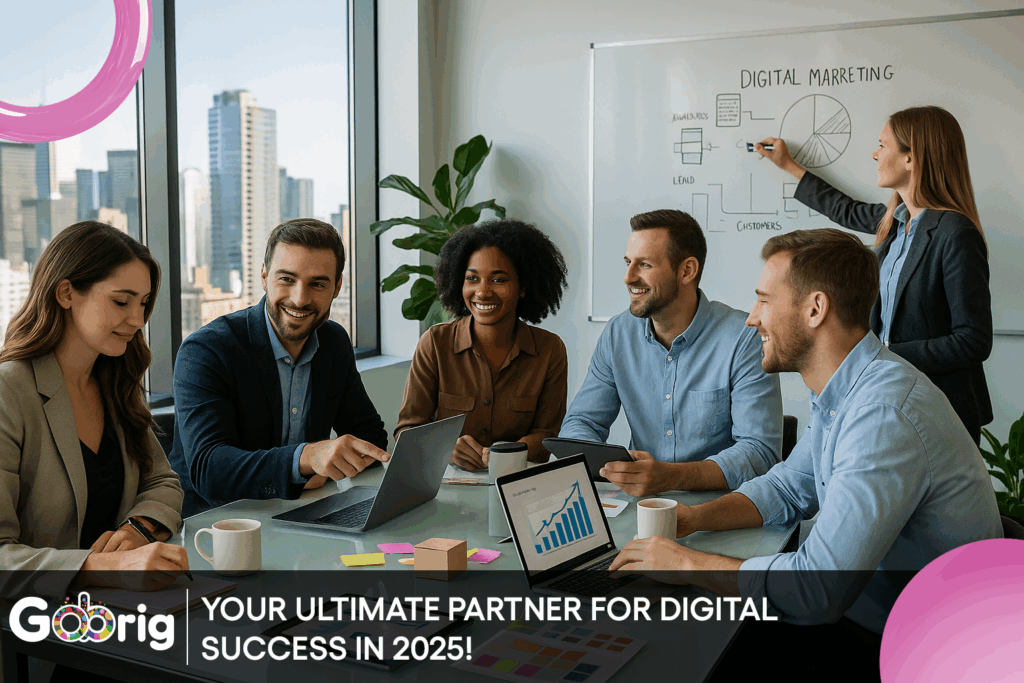 "GoBrig team collaborating on a high-level digital strategy in a modern tech workspace – representing digital growth, creativity, and business success in 2025"